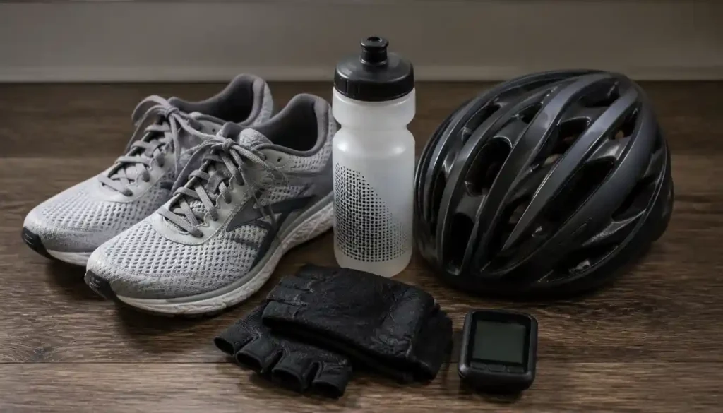 Laufschuhe, Fahrradhelm, Trinkflasche