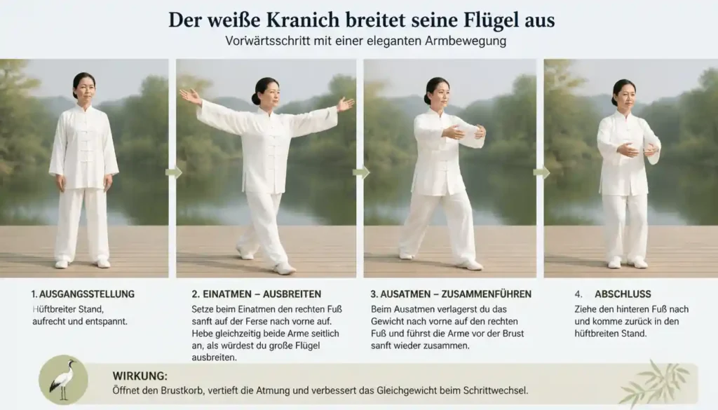 Der weiße Kranich breitet seine Flügel aus